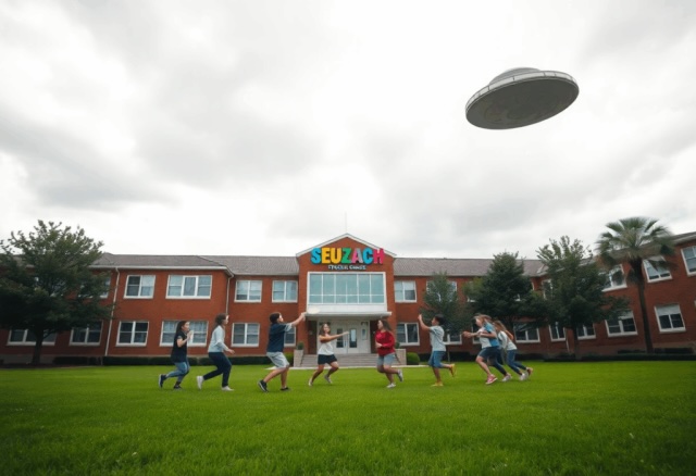 Ein Schulhaus mit einigen Kindern davor. Ein Ufo am Himmel. Dieses soll in der Form nachgeneriert werden