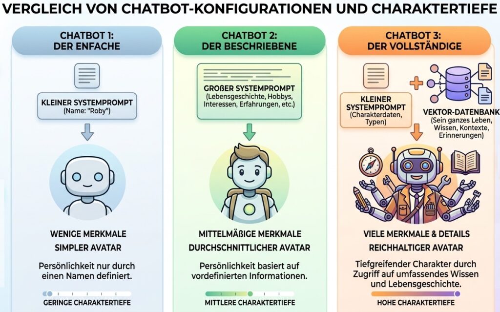 Ein Bot, welcher eine person verkörpert kann einen unterschiedlich reichen Charakter haben. Wenn wir einfach die Trainingsdaten verwenden, haben wir keine Kontrolle über den Charakter. Wenn wir den Charakter im Systemprompt deponieren und zusätzlich eine Datenbank anhängen mit der Lebensgeschichte, erhalten wir einen weitaus reicheren Charakter mit Nuancen.