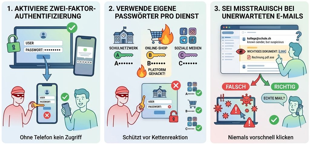 3 Dinge die du tun kannst: 2FA verwenden, Ein Passwort pro Dienst, ruhig bleiben bei unerwarteten Mails